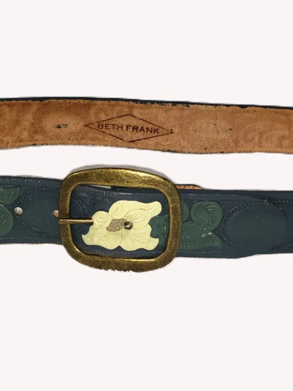 Beth Frank Hand‑Tooled Leather Belt – Floral Design – Size 36